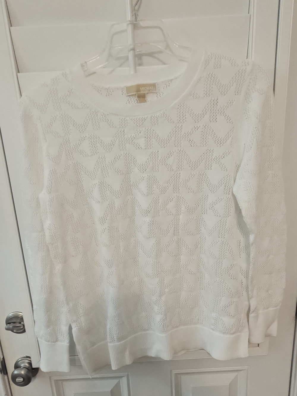 Michael Kors White Open-Weave Logo Crewneck Sweater